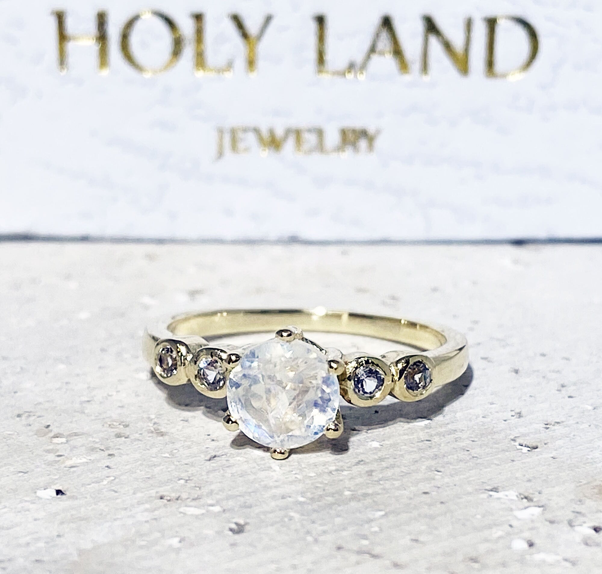 Round Rainbow Moonstone Ring with Clear Quartz Accents - H.L.Jewelry