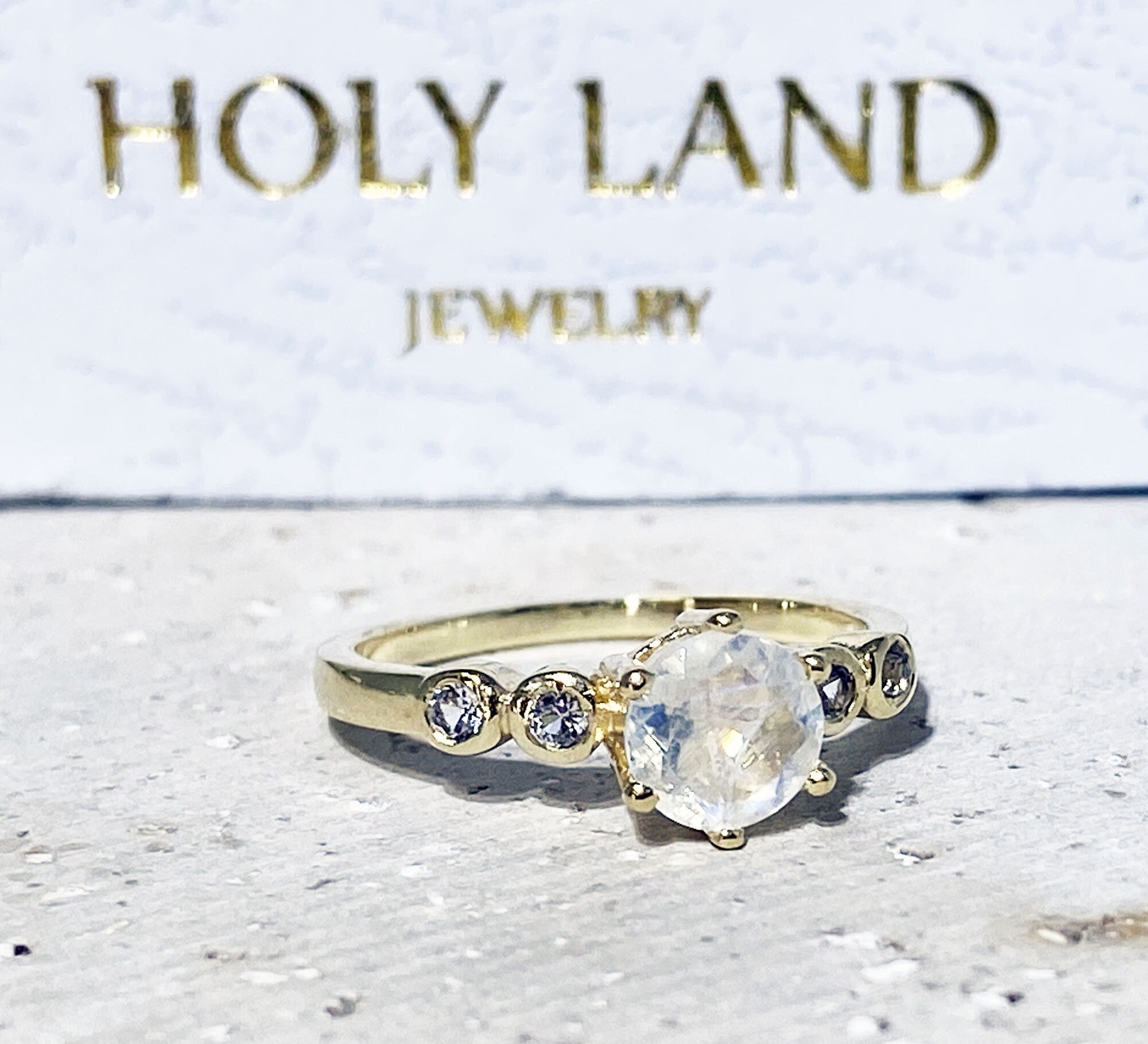 Round Rainbow Moonstone Ring with Clear Quartz Accents - H.L.Jewelry