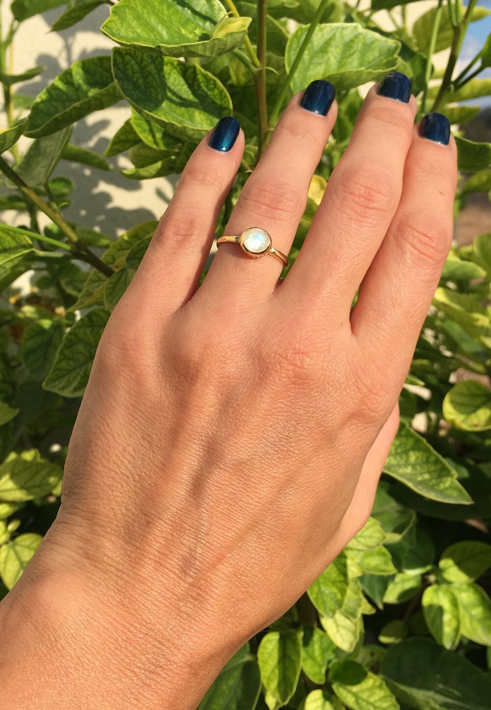 Round Rainbow Moonstone Simple Bezel Set Ring - H.L.Jewelry