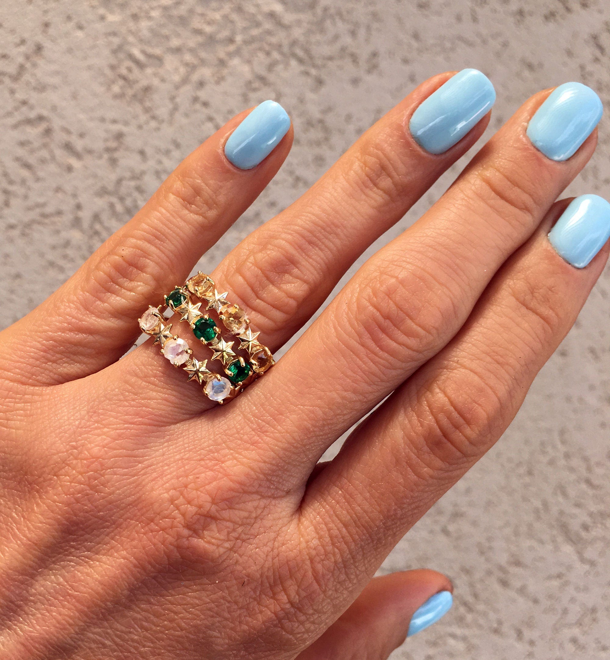 Round Rainbow Moonstone Three Stone Ring with Star Accents - H.L.Jewelry