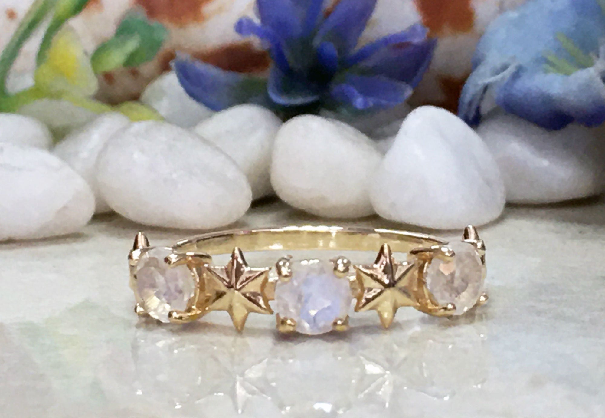 Round Rainbow Moonstone Three Stone Ring with Star Accents - H.L.Jewelry