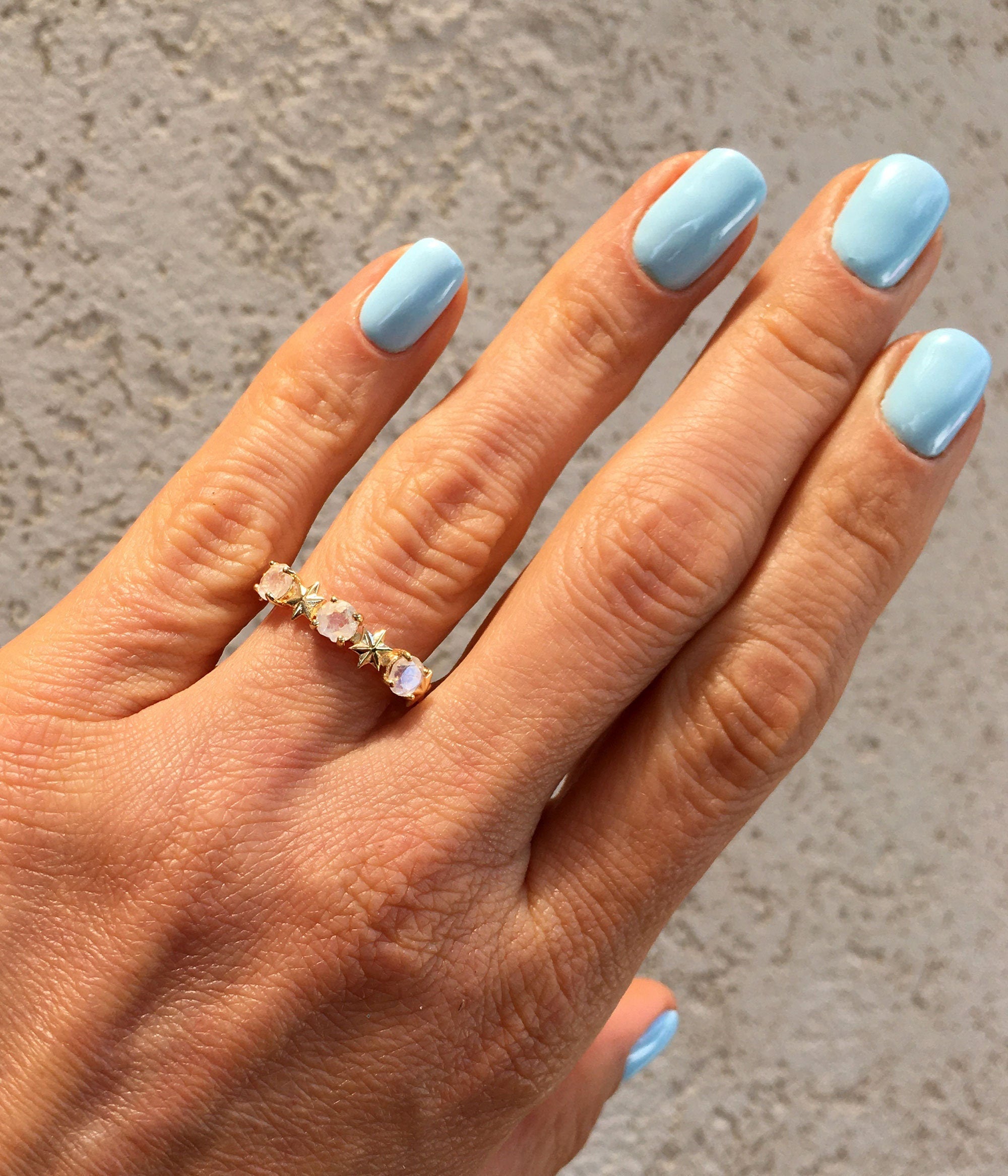 Round Rainbow Moonstone Three Stone Ring with Star Accents - H.L.Jewelry