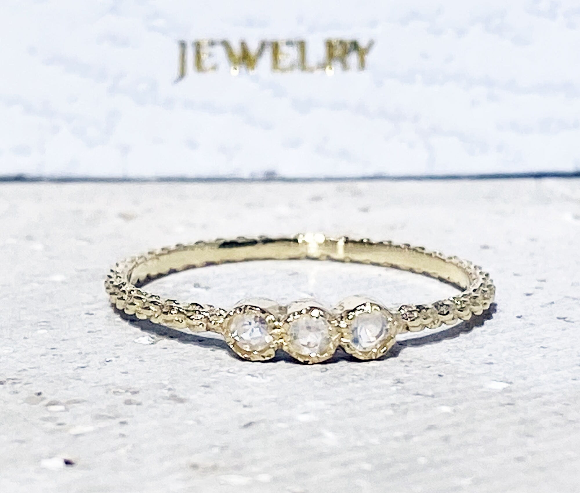 Round Rainbow Moonstone Three-Stone Simple Stackable Bezel Ring - H.L.Jewelry