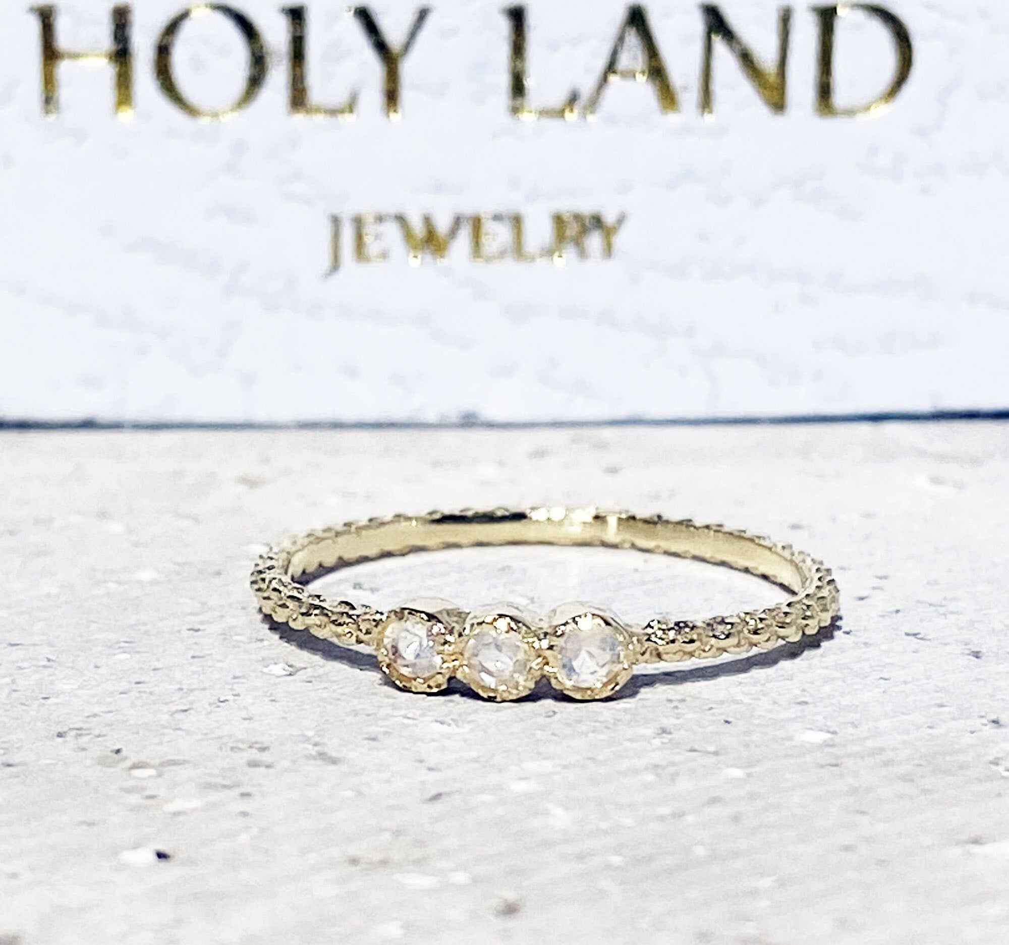 Round Rainbow Moonstone Three-Stone Simple Stackable Bezel Ring - H.L.Jewelry