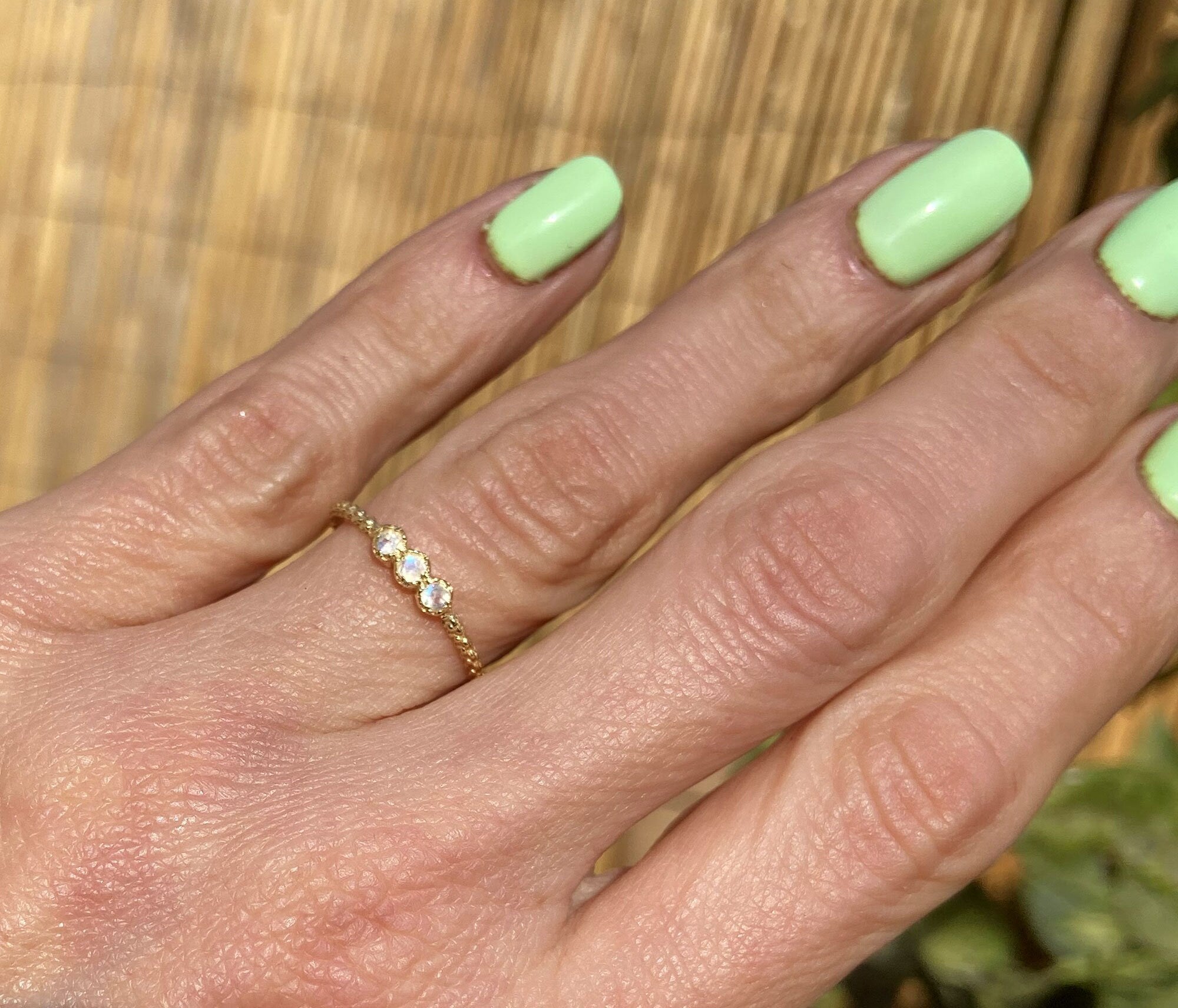 Round Rainbow Moonstone Three-Stone Simple Stackable Bezel Ring - H.L.Jewelry