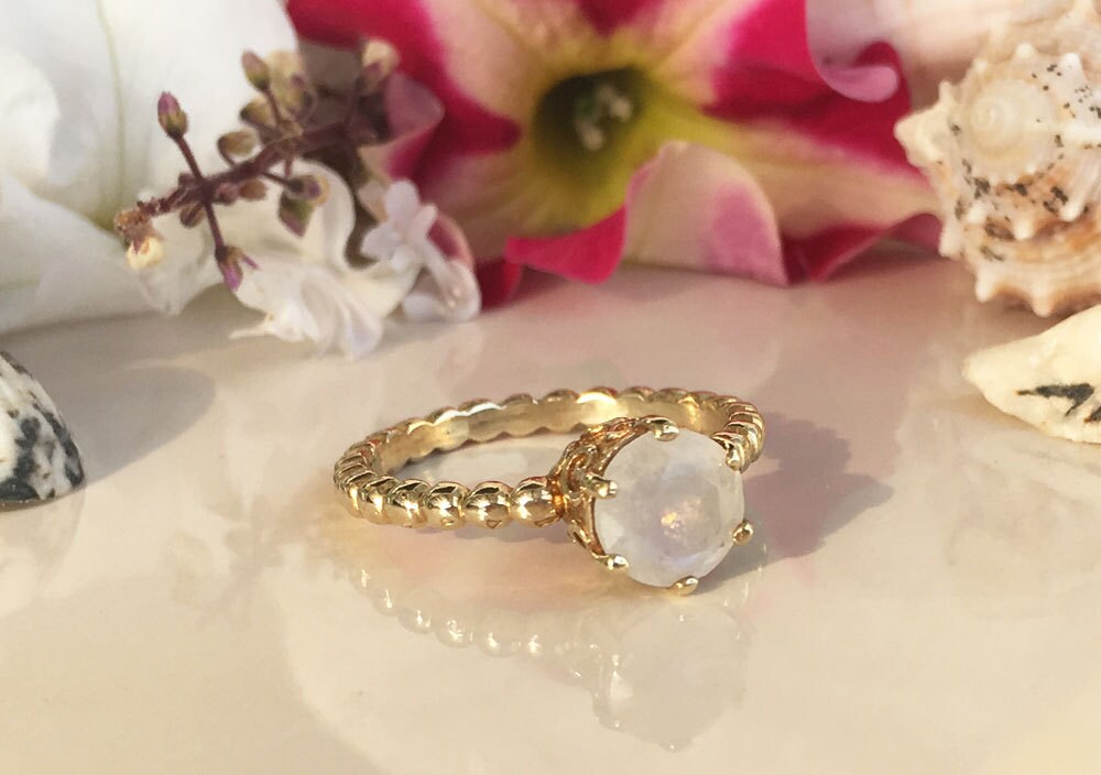 Round Rainbow Moonstone Vintage Beaded Band Ring - H.L.Jewelry