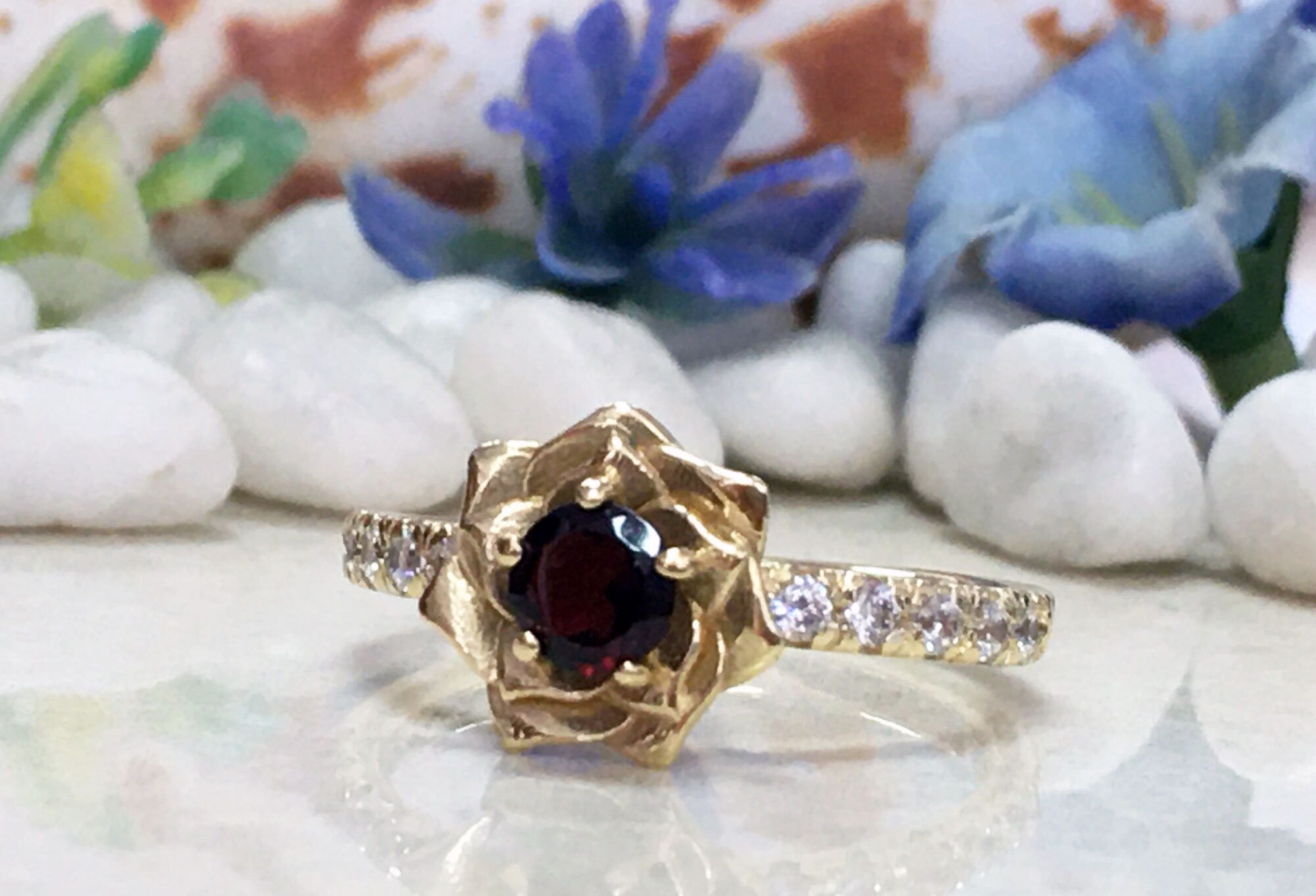 Round Red Garnet Camellia Ring with Clear Quartz Accents - H.L.Jewelry
