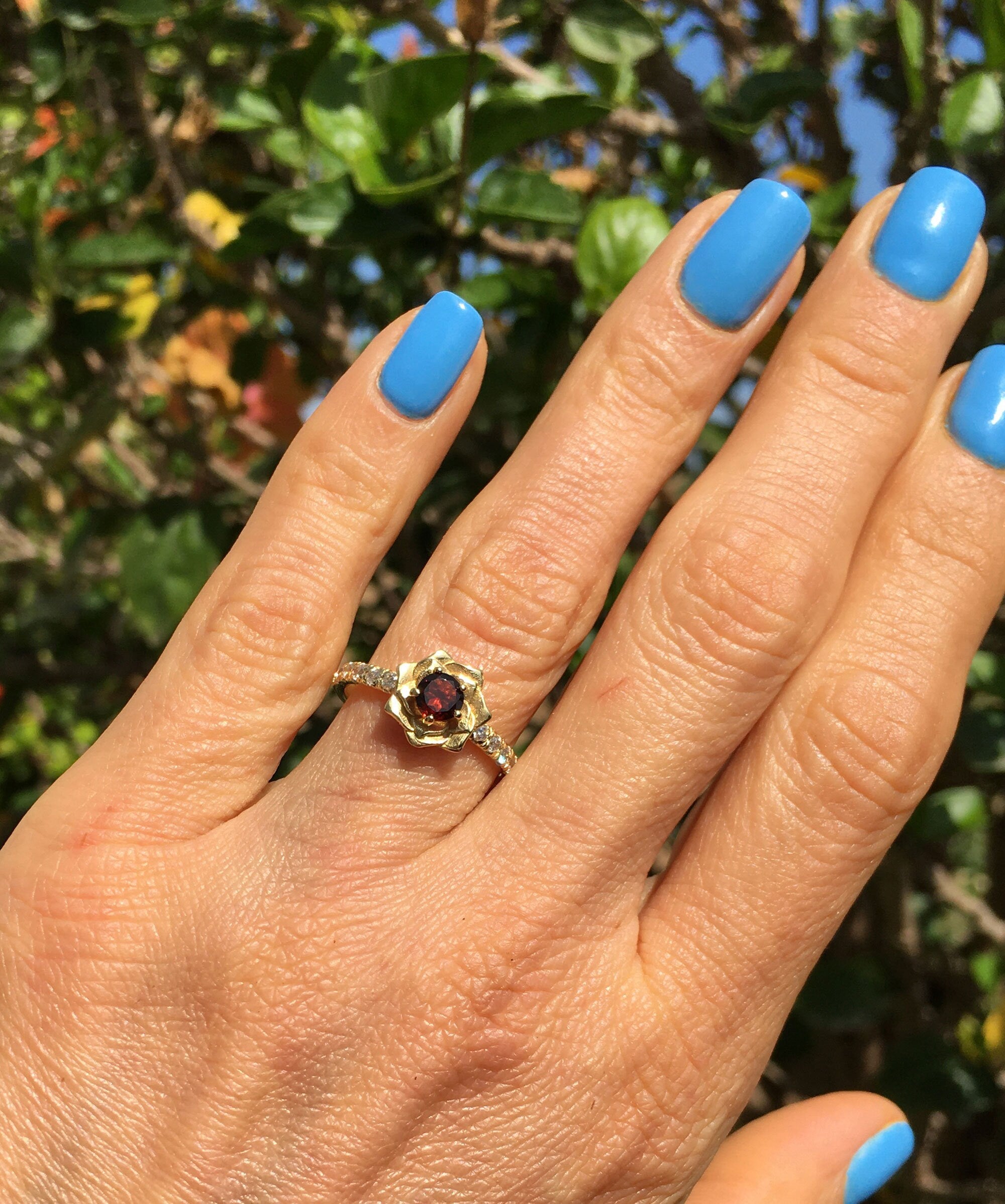 Round Red Garnet Camellia Ring with Clear Quartz Accents - H.L.Jewelry
