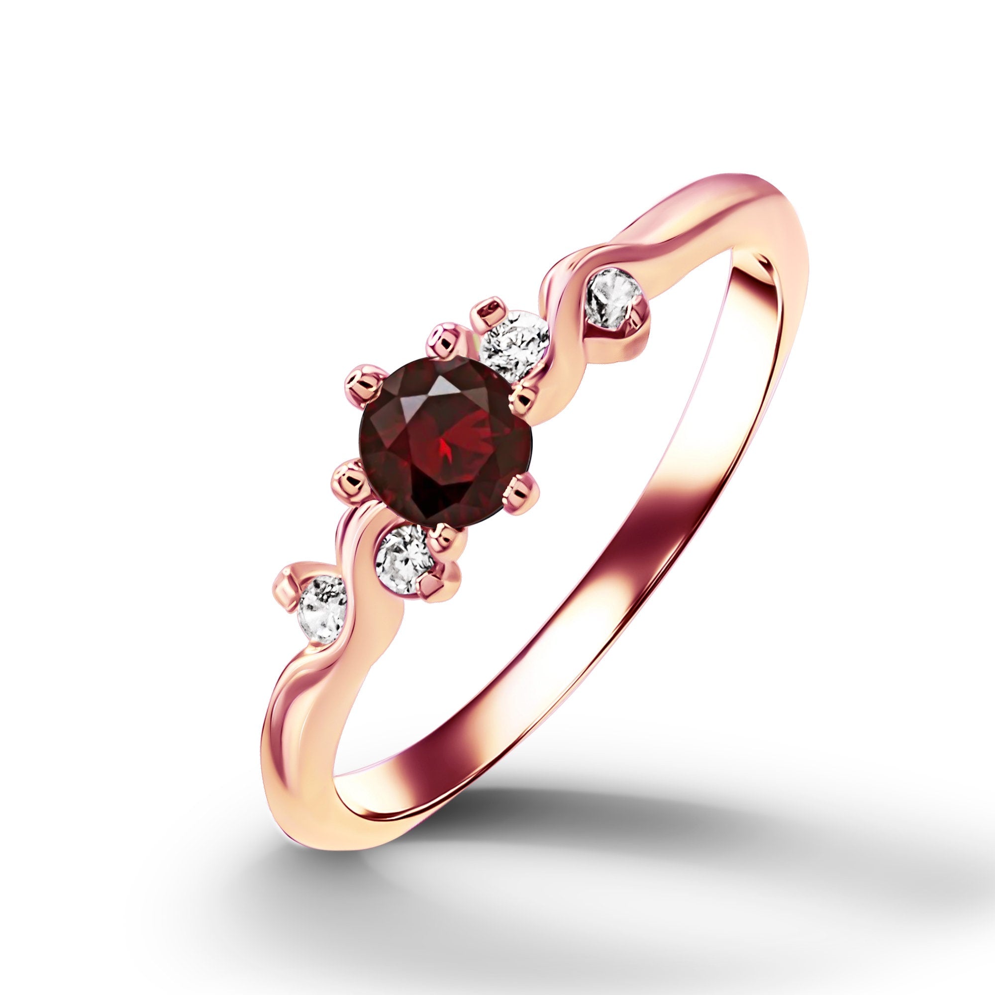 Round Red Garnet Delicate ring with Clear Quartz Accents - H.L.Jewelry