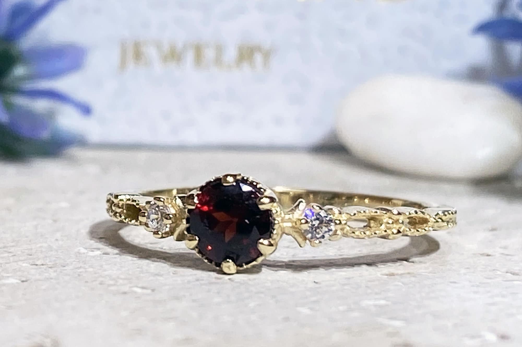 Round Red Garnet Delicate ring with Clear Quartz Accents - H.L.Jewelry