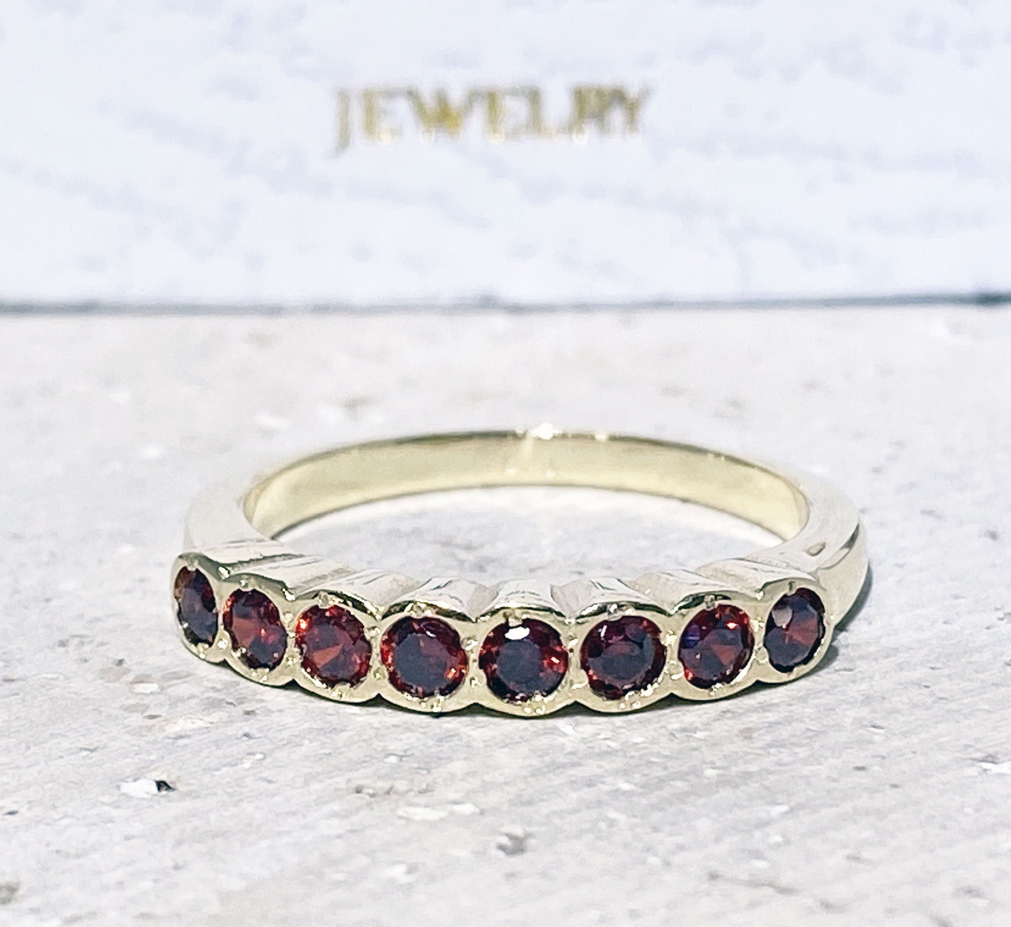 Round Red Garnet Eight Stone Stacking Half Eternity Bezel Ring - H.L.Jewelry