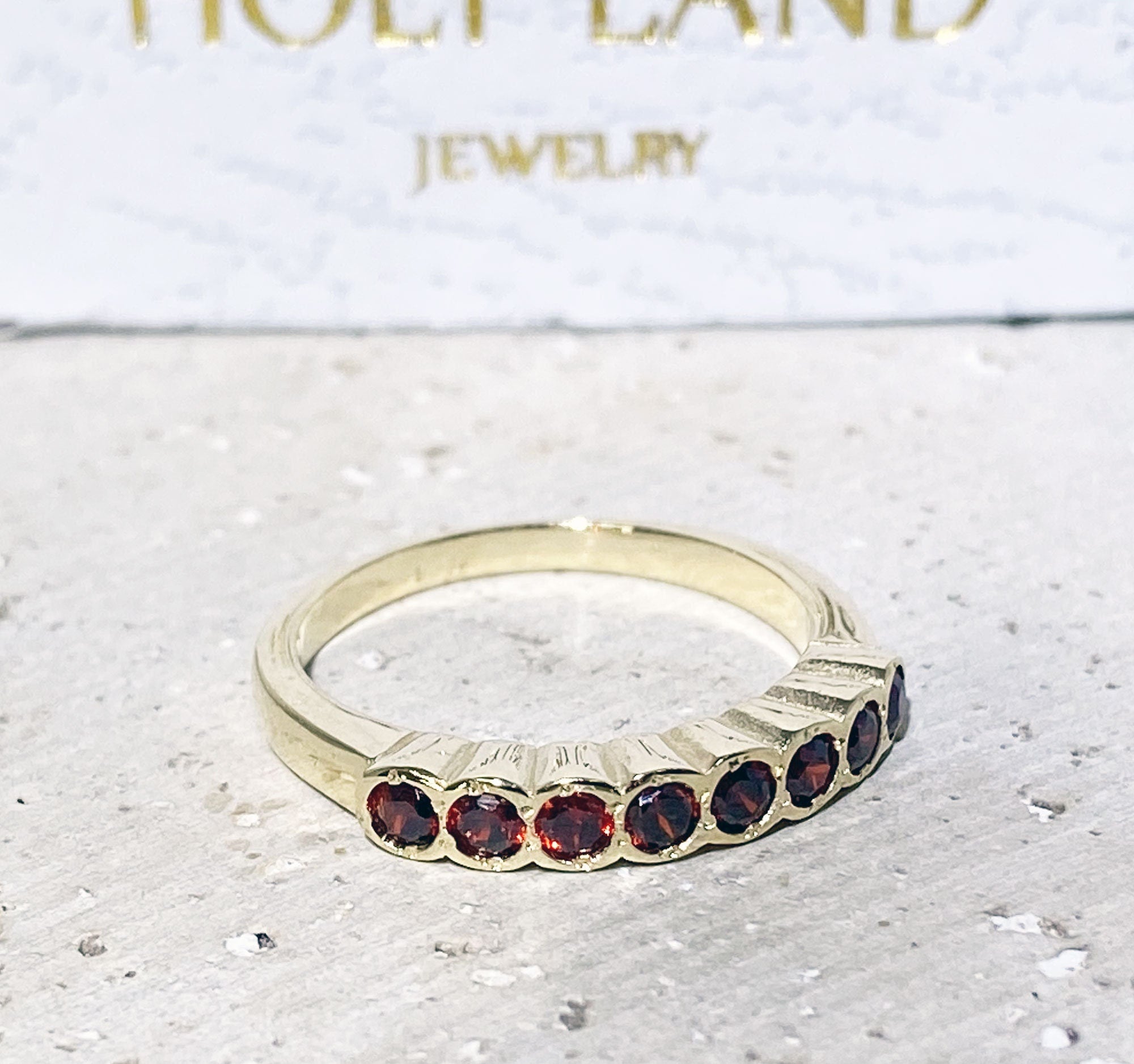 Round Red Garnet Eight Stone Stacking Half Eternity Bezel Ring - H.L.Jewelry