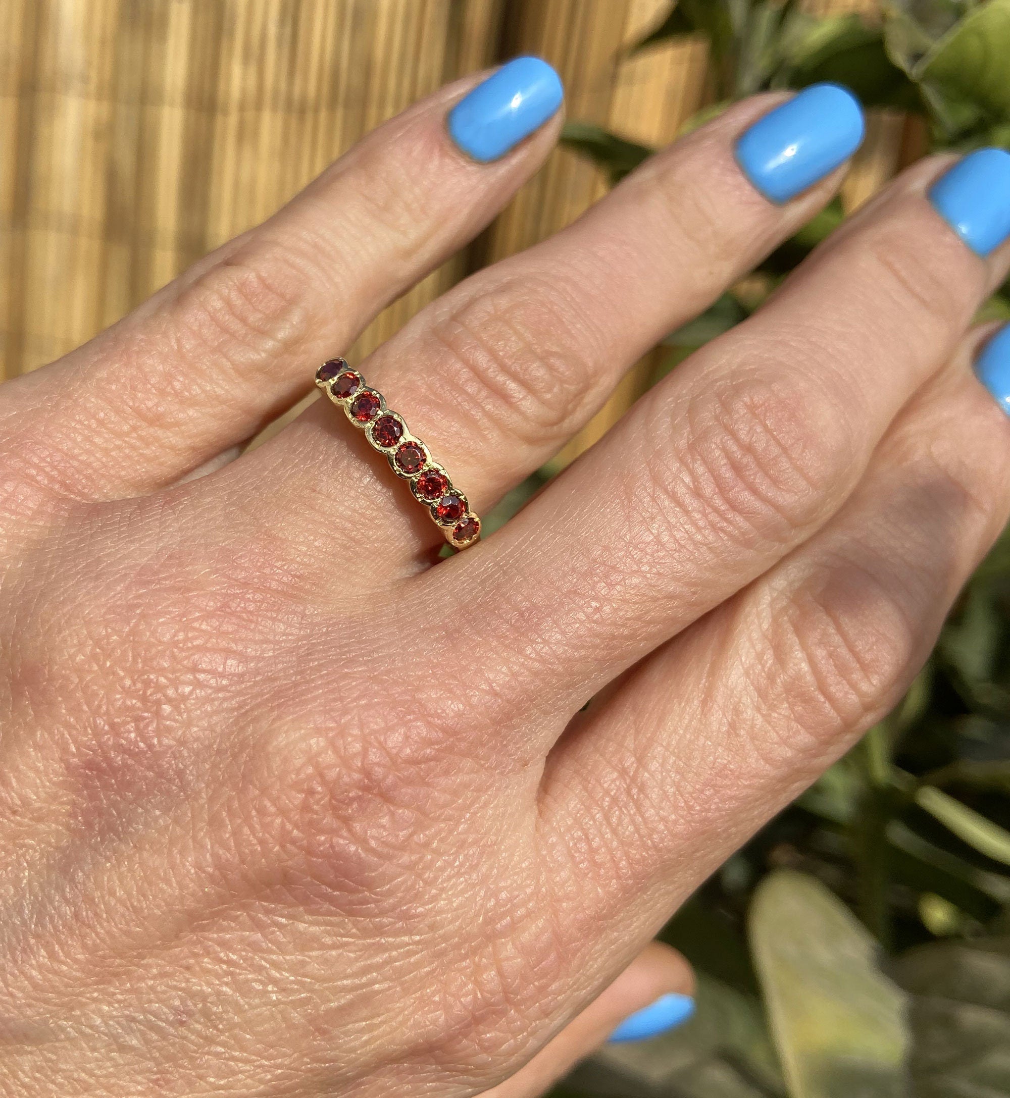 Round Red Garnet Eight Stone Stacking Half Eternity Bezel Ring - H.L.Jewelry