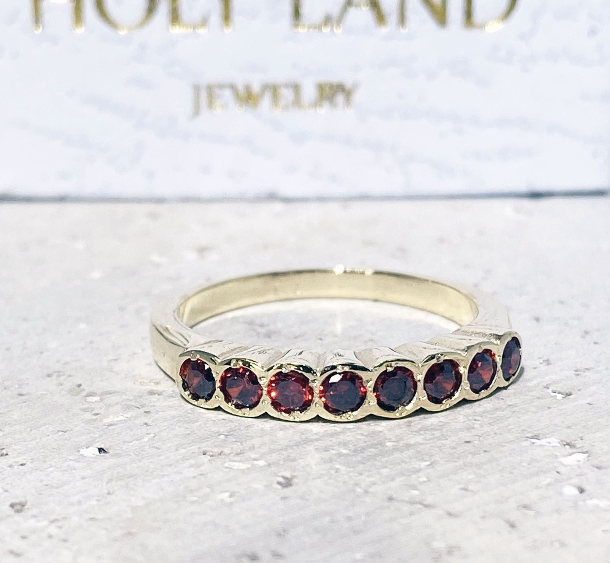 Round Red Garnet Eight Stone Stacking Half Eternity Bezel Ring - H.L.Jewelry