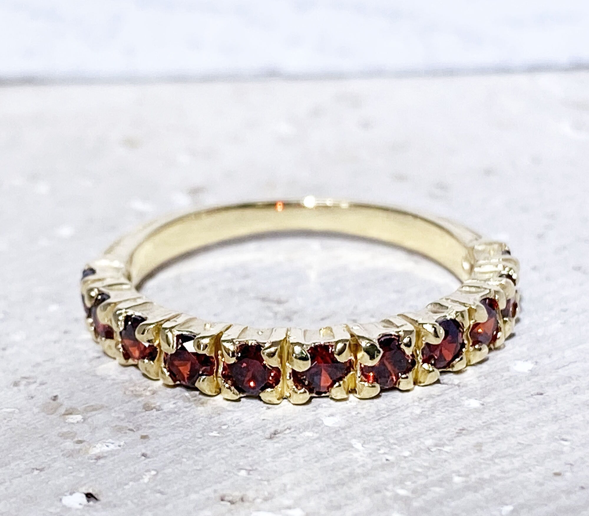 Round Red Garnet Eleven Stone Half Eternity Stacking Ring - H.L.Jewelry