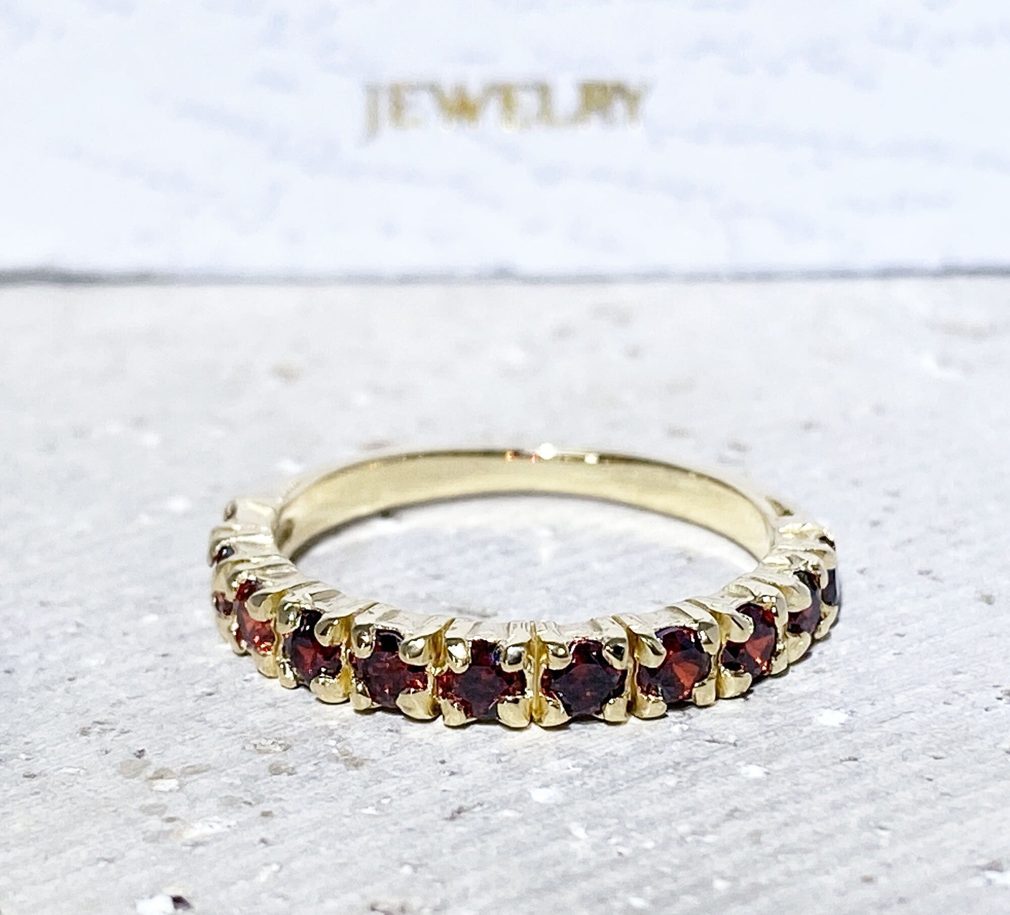 Round Red Garnet Eleven Stone Half Eternity Stacking Ring - H.L.Jewelry