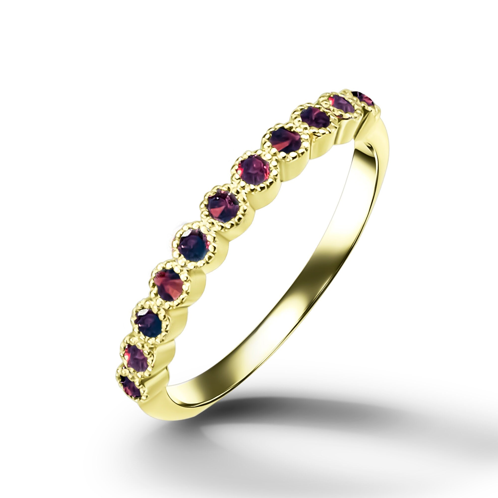 Round Red Garnet Eleven Stone Stacking Half Eternity Bezel Ring - H.L.Jewelry