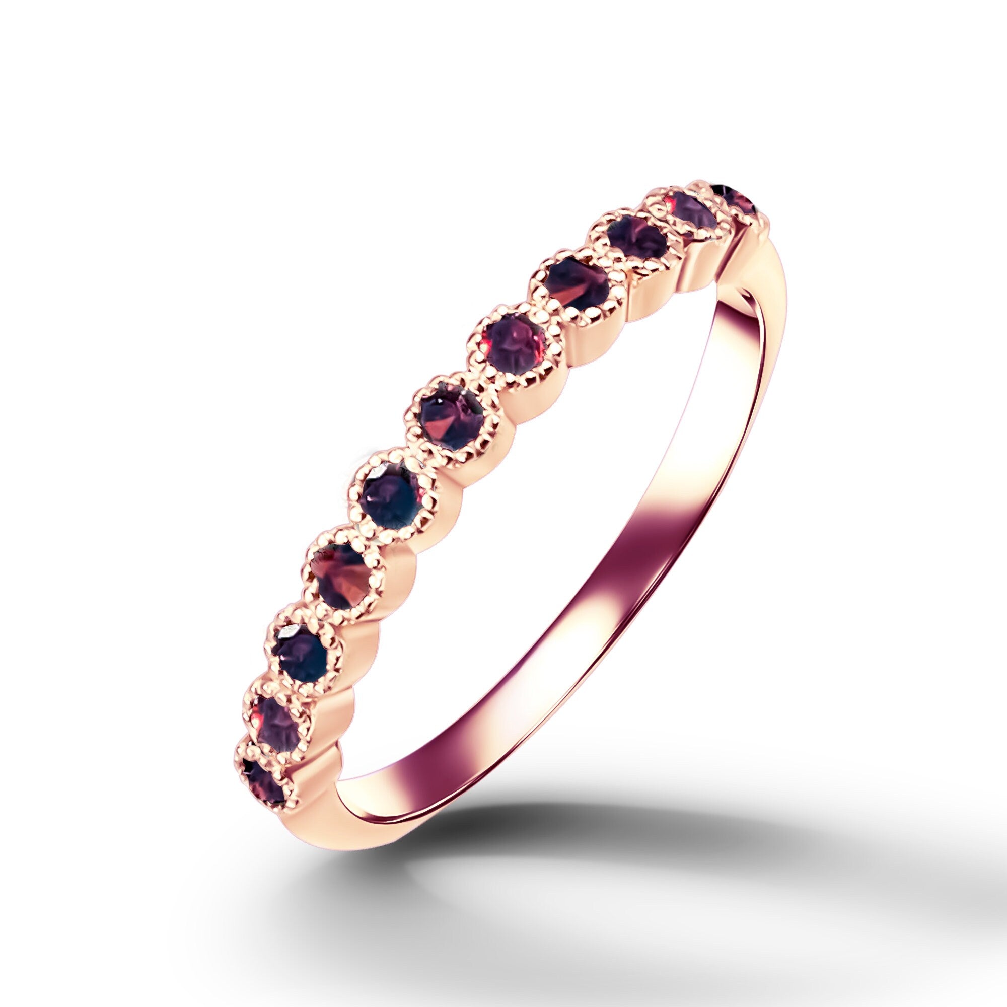 Round Red Garnet Eleven Stone Stacking Half Eternity Bezel Ring - H.L.Jewelry
