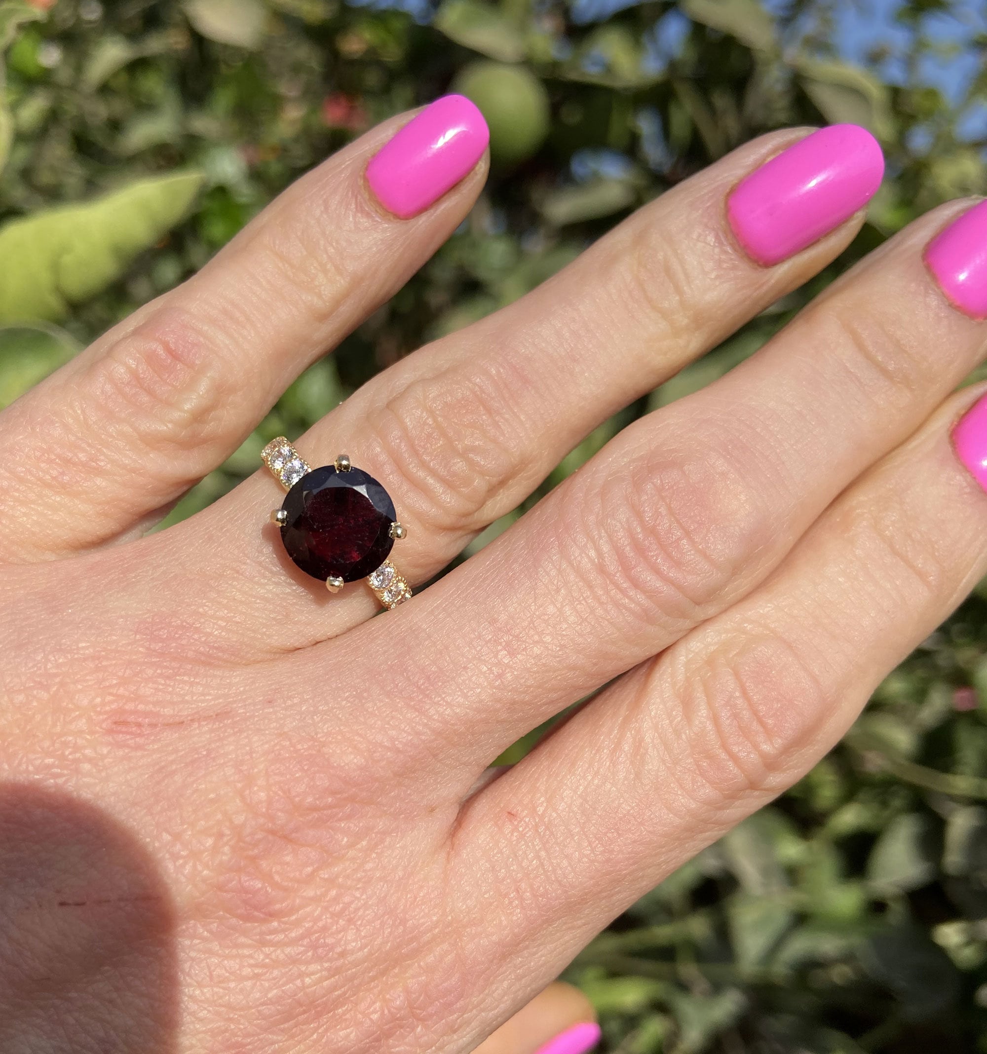 Round Red Garnet Engagement Ring with Clear Quartz Accents - H.L.Jewelry