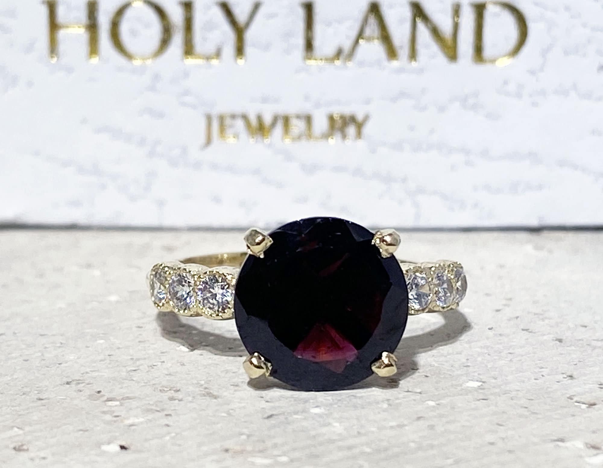Round Red Garnet Engagement Ring with Clear Quartz Accents - H.L.Jewelry