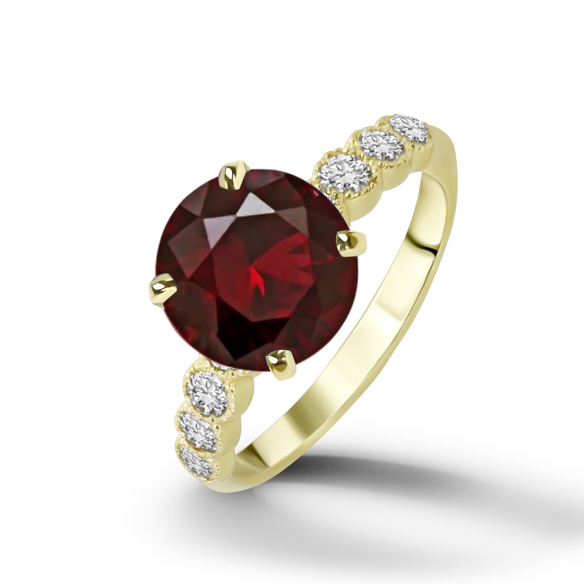 Round Red Garnet Engagement Ring with Clear Quartz Accents - H.L.Jewelry