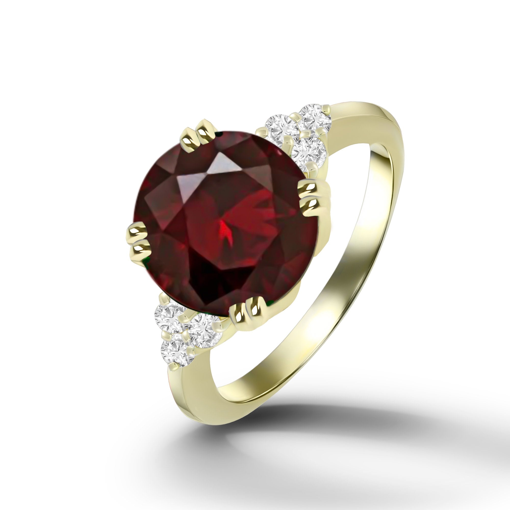 Round Red Garnet Engagement Ring with Clear Quartz Accents - H.L.Jewelry
