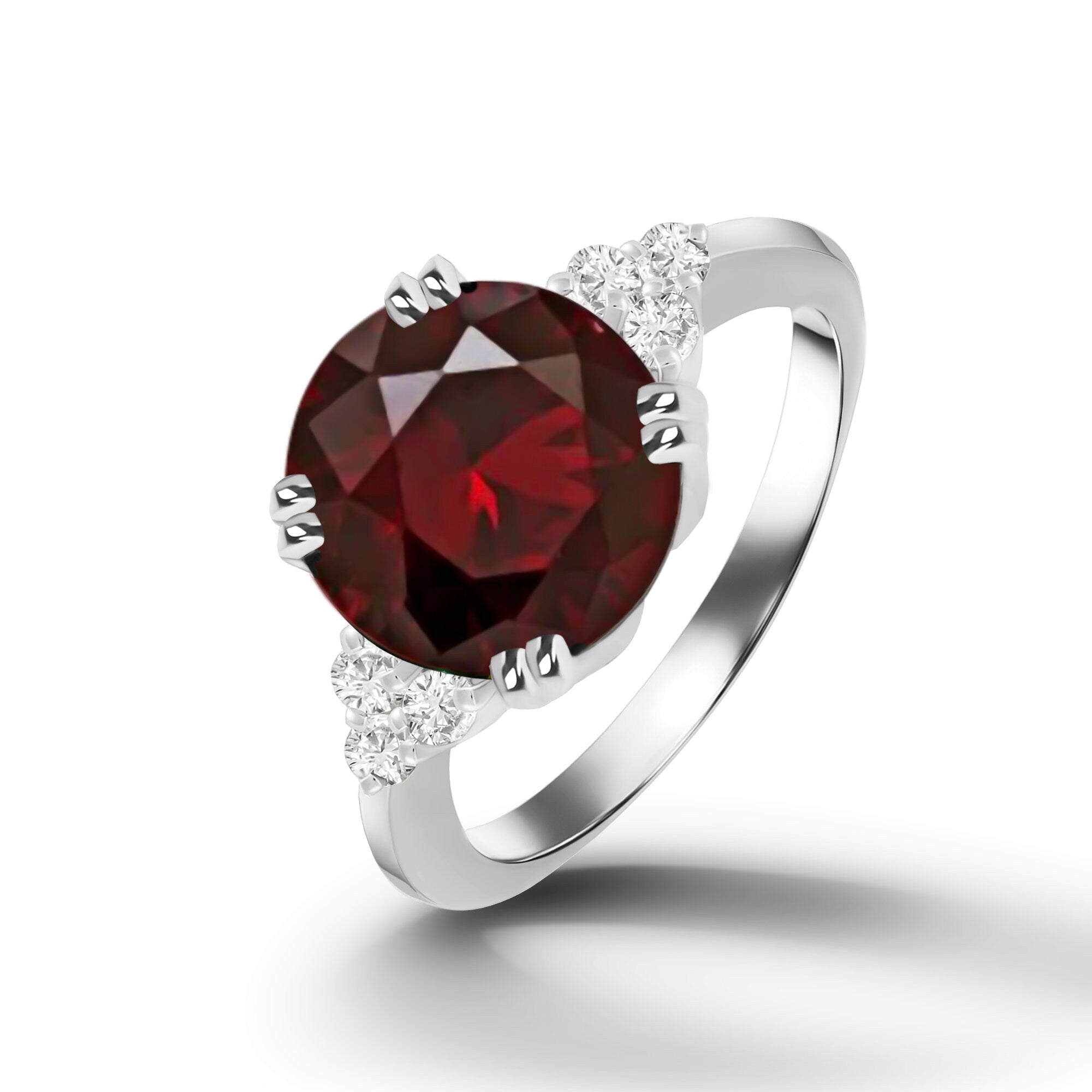 Round Red Garnet Engagement Ring with Clear Quartz Accents - H.L.Jewelry