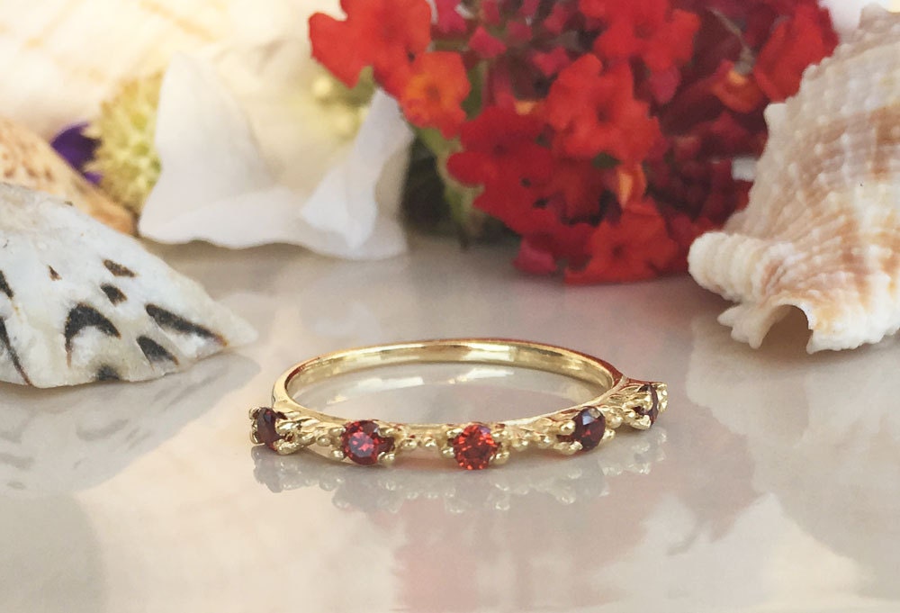 Round Red Garnet Five Stone Simple Stacking Ring - H.L.Jewelry