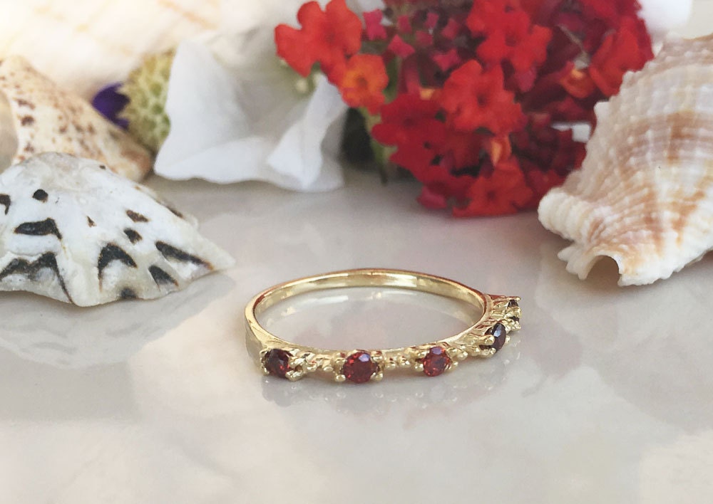 Round Red Garnet Five Stone Simple Stacking Ring - H.L.Jewelry