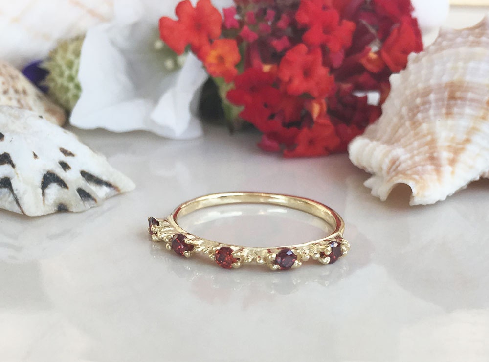 Round Red Garnet Five Stone Simple Stacking Ring - H.L.Jewelry