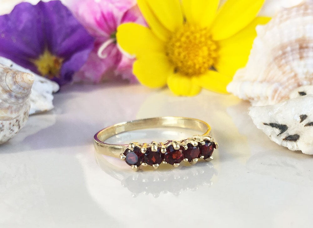 Round Red Garnet Five-Stone Stacking Ring - H.L.Jewelry