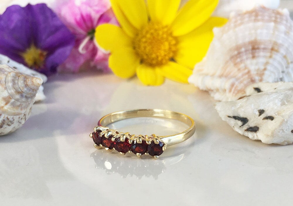Round Red Garnet Five-Stone Stacking Ring - H.L.Jewelry