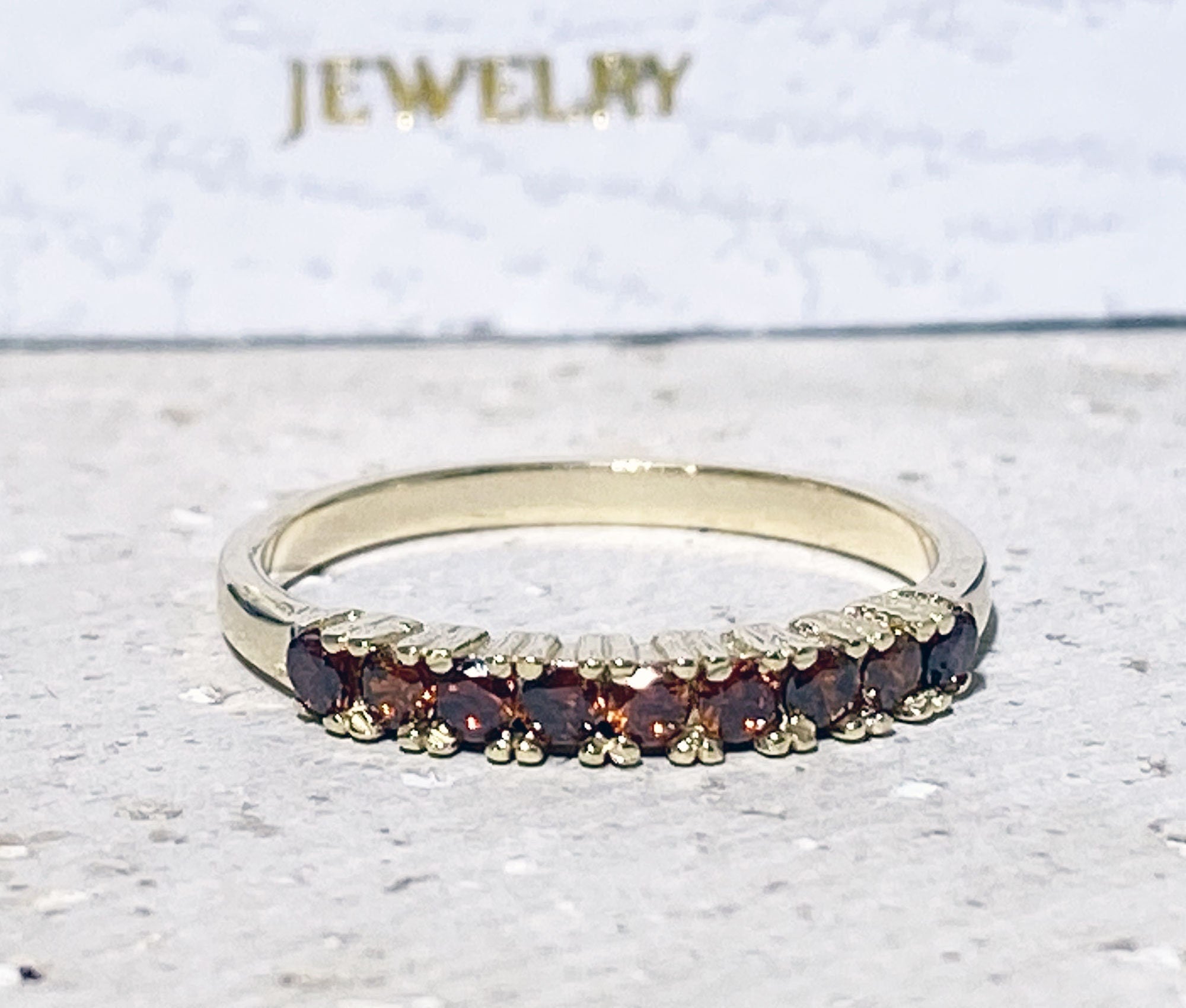 Round Red Garnet Nine Stone Half Eternity Stacking Ring - H.L.Jewelry
