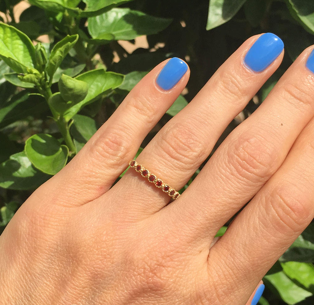 Round Red Garnet Nine Stone Stacking Half Eternity Bezel Ring - H.L.Jewelry