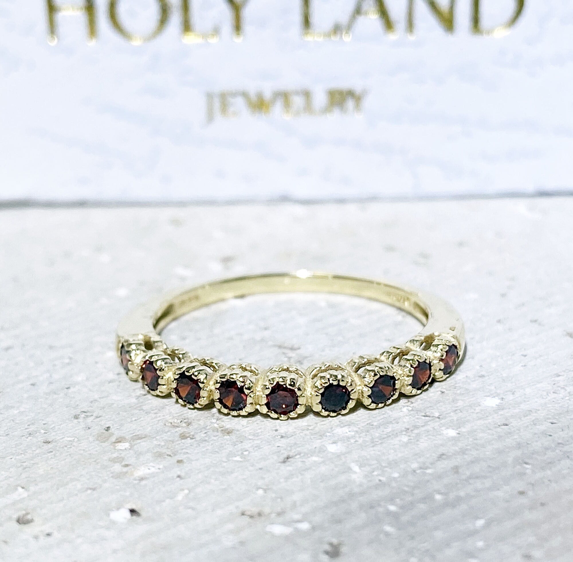 Round Red Garnet Nine Stone Stacking Half Eternity Bezel Ring - H.L.Jewelry