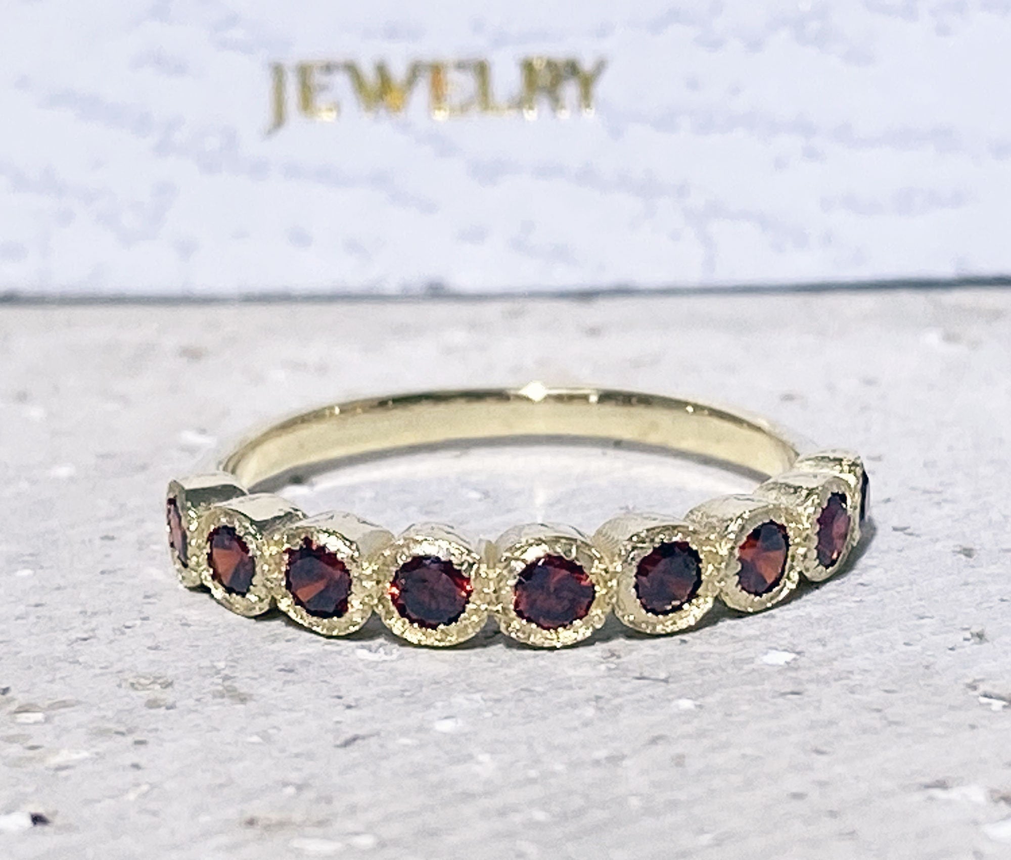 Round Red Garnet Nine Stone Stacking Half Eternity Bezel Ring - H.L.Jewelry