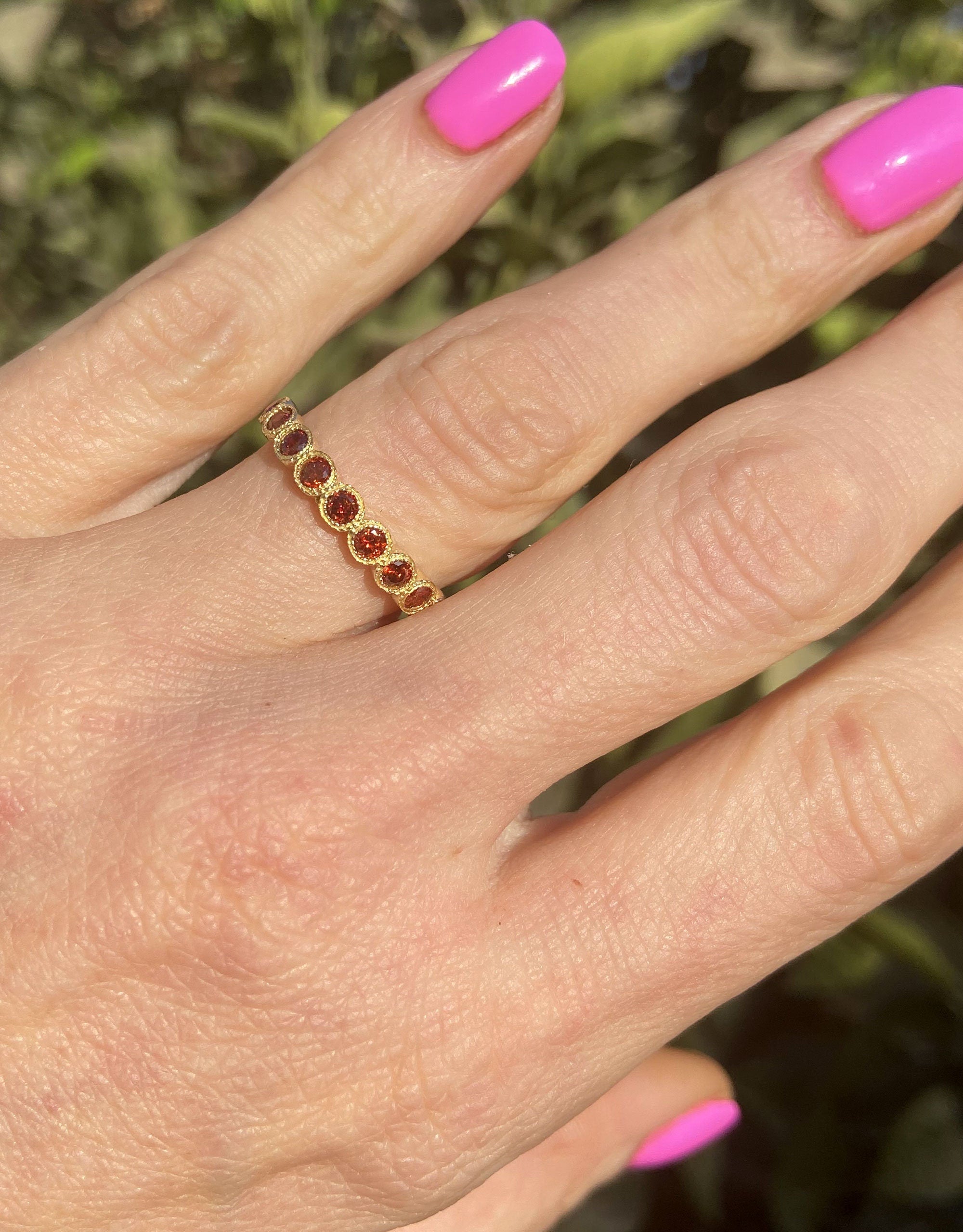 Round Red Garnet Nine Stone Stacking Half Eternity Bezel Ring - H.L.Jewelry