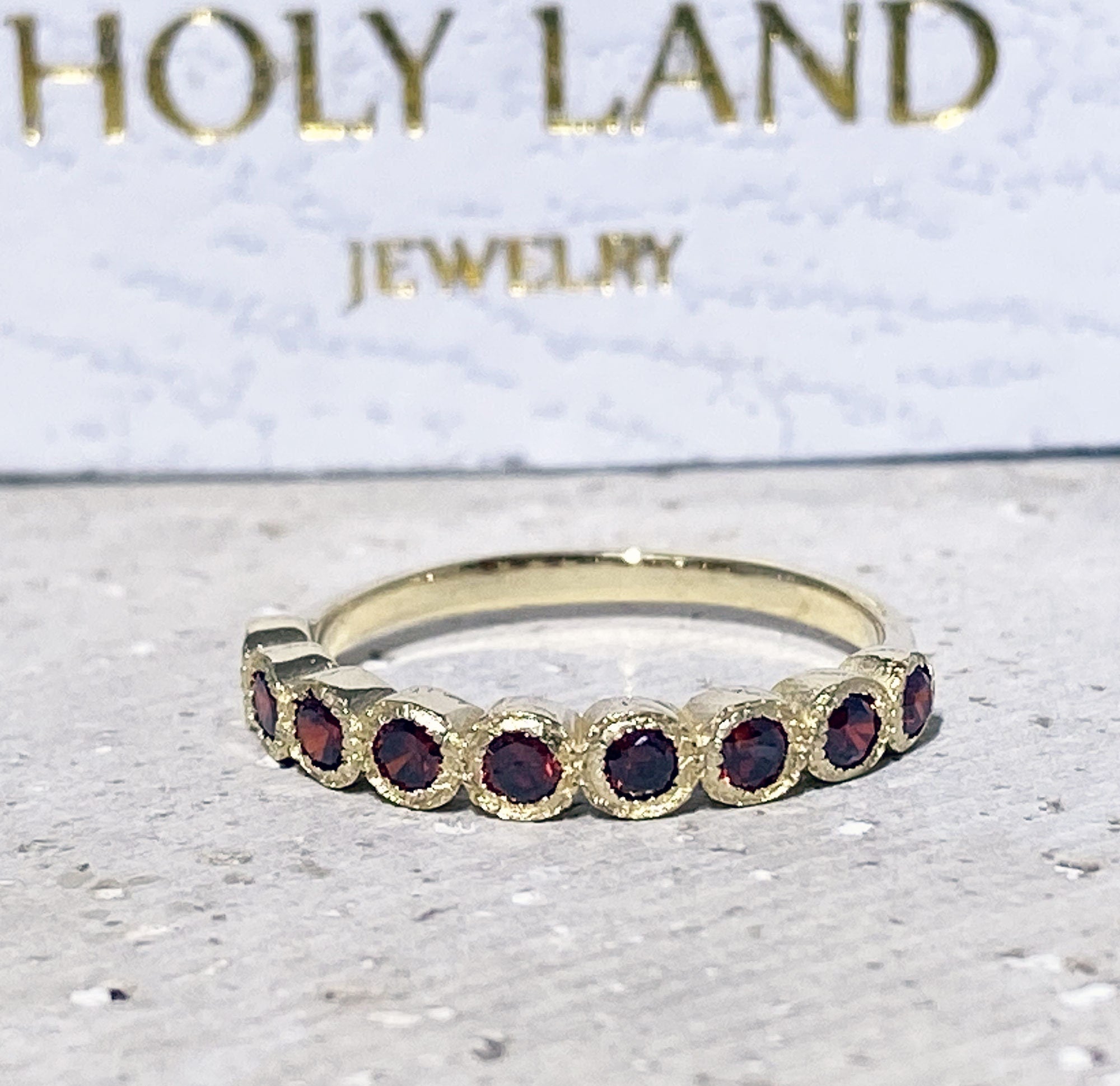 Round Red Garnet Nine Stone Stacking Half Eternity Bezel Ring - H.L.Jewelry