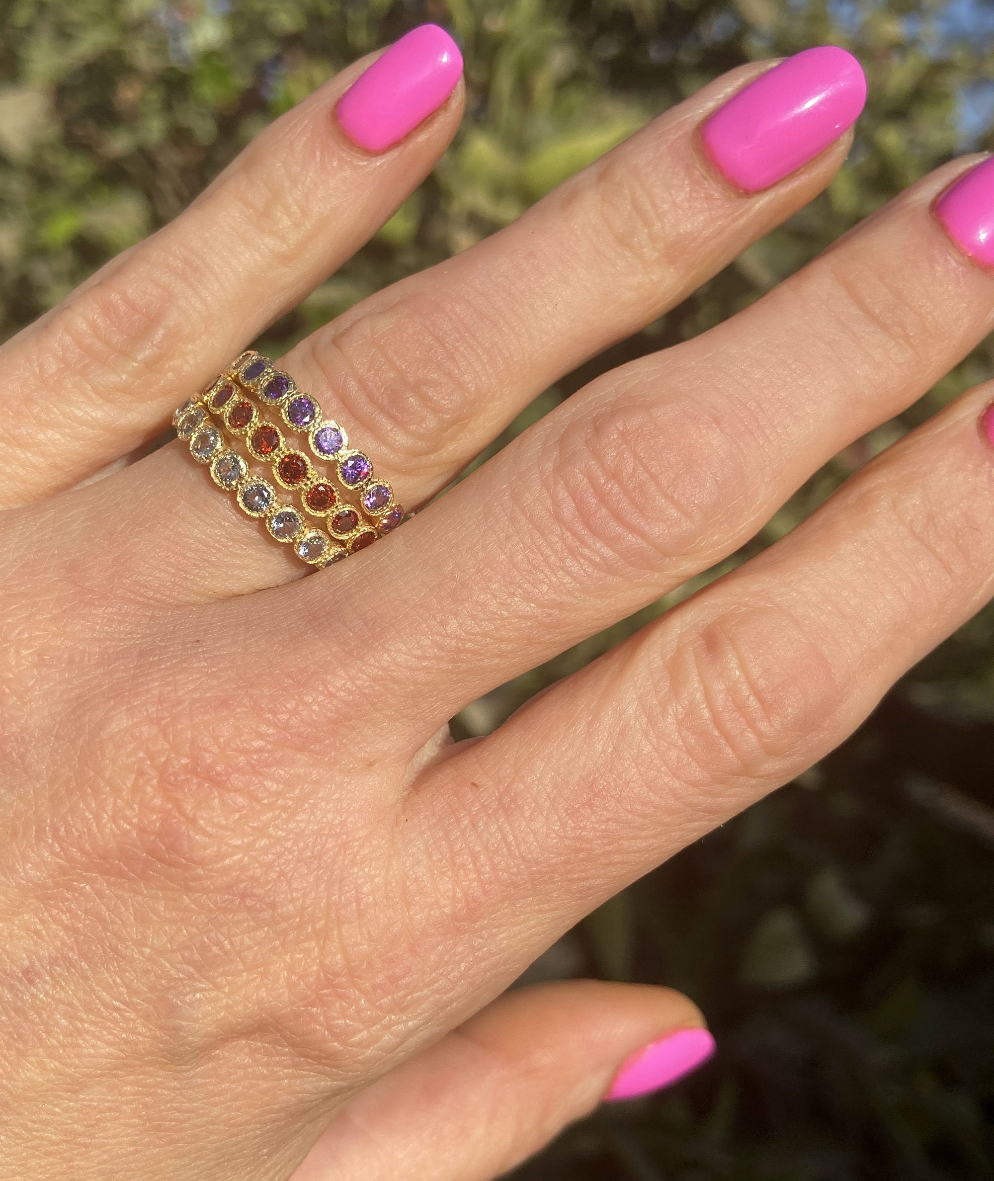 Round Red Garnet Nine Stone Stacking Half Eternity Bezel Ring - H.L.Jewelry