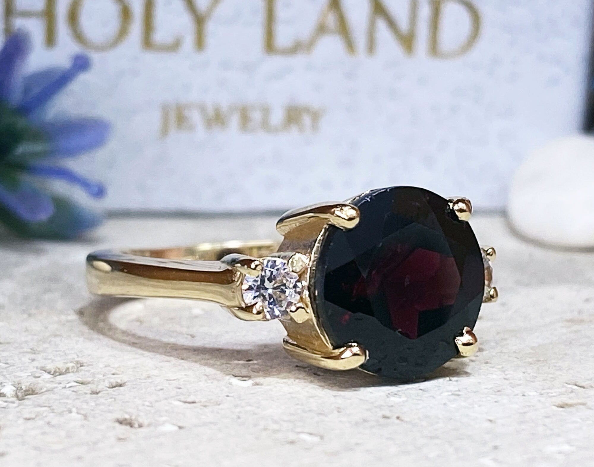 Round Red Garnet Statement Ring with Clear Quartz Accents - H.L.Jewelry