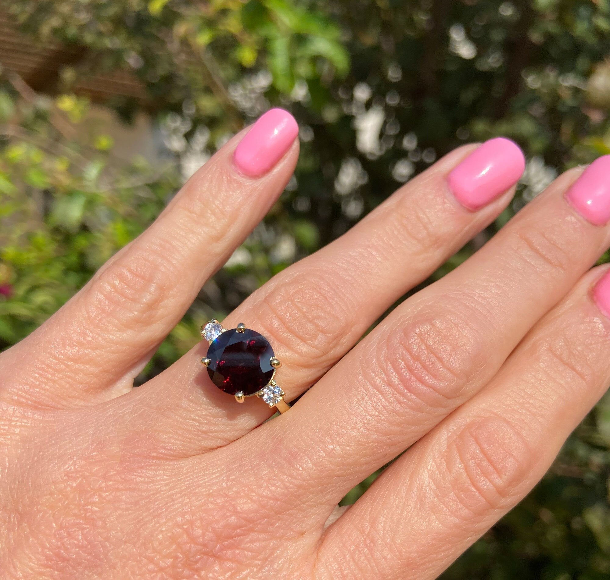 Round Red Garnet Statement Ring with Clear Quartz Accents - H.L.Jewelry