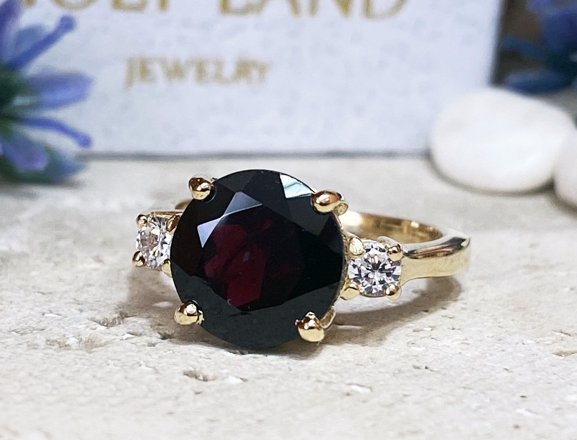 Round Red Garnet Statement Ring with Clear Quartz Accents - H.L.Jewelry