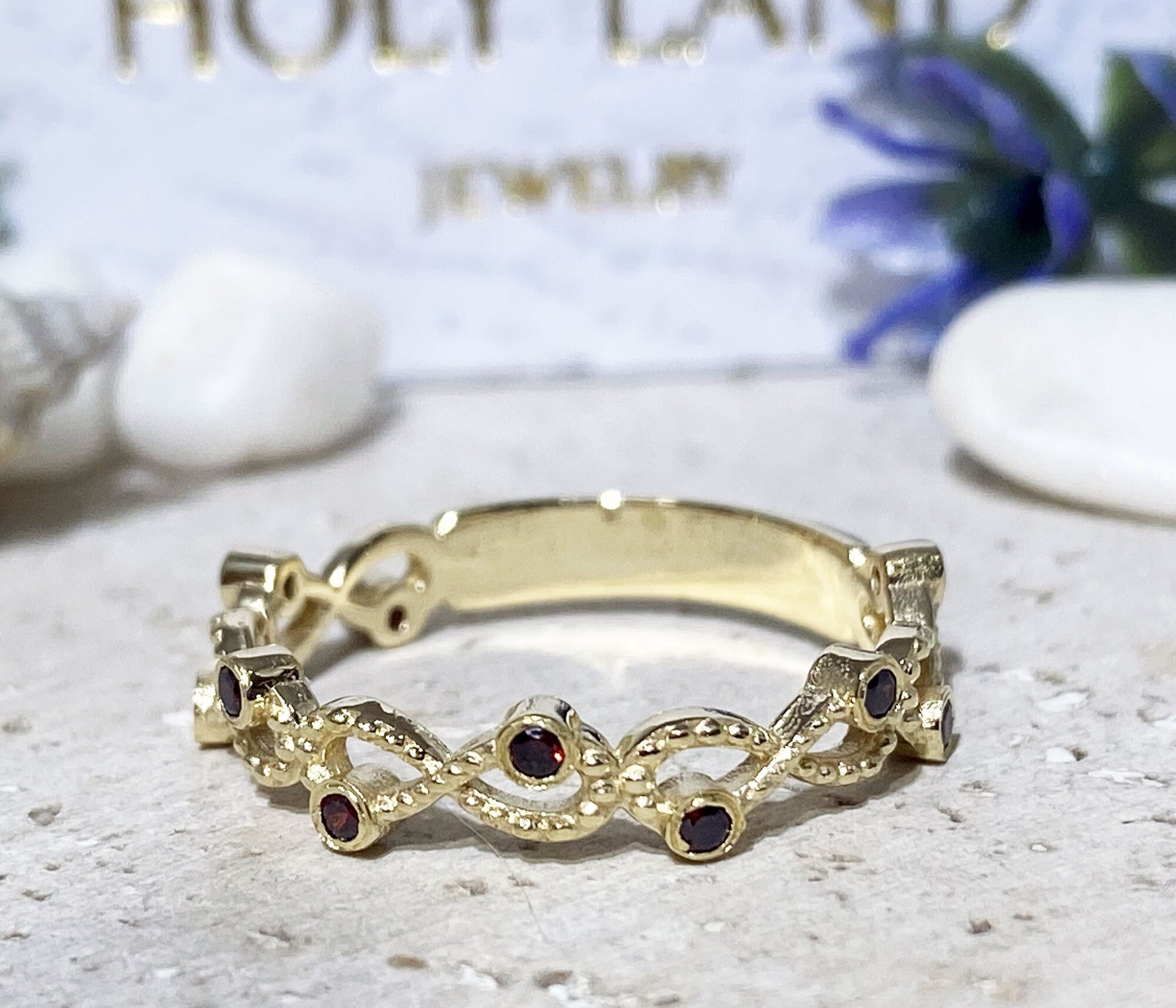 Round Red Garnet Ten Stone Infinity Ring - H.L.Jewelry