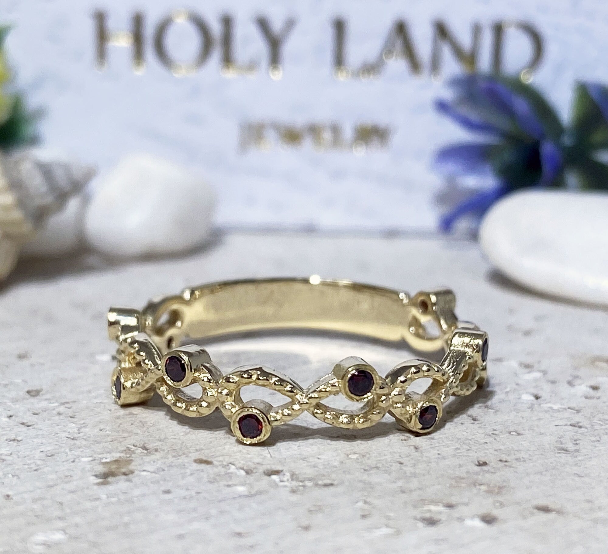 Round Red Garnet Ten Stone Infinity Ring - H.L.Jewelry