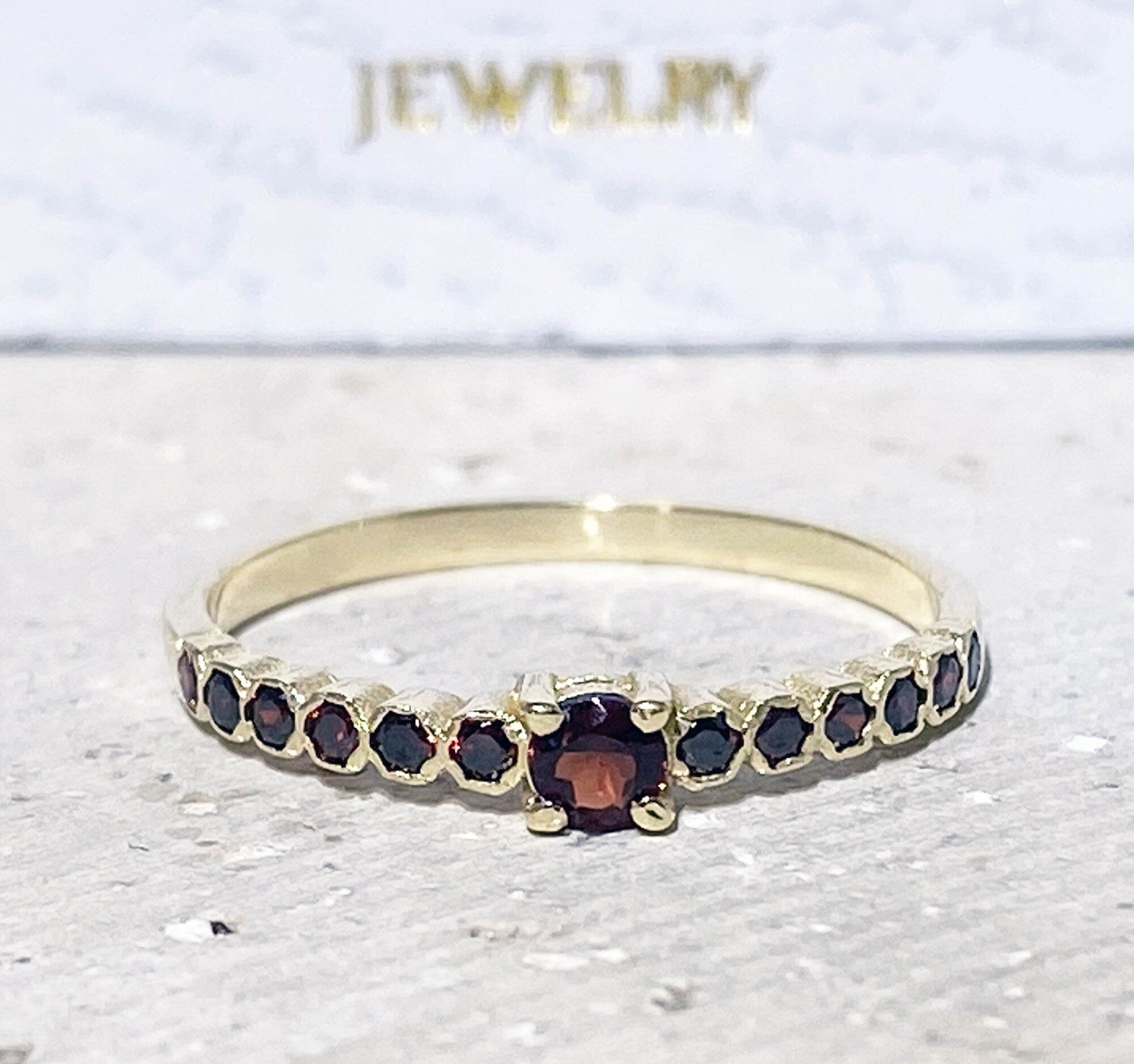 Round Red Garnet Thirteen Stone Half Eternity Stacking Ring - H.L.Jewelry