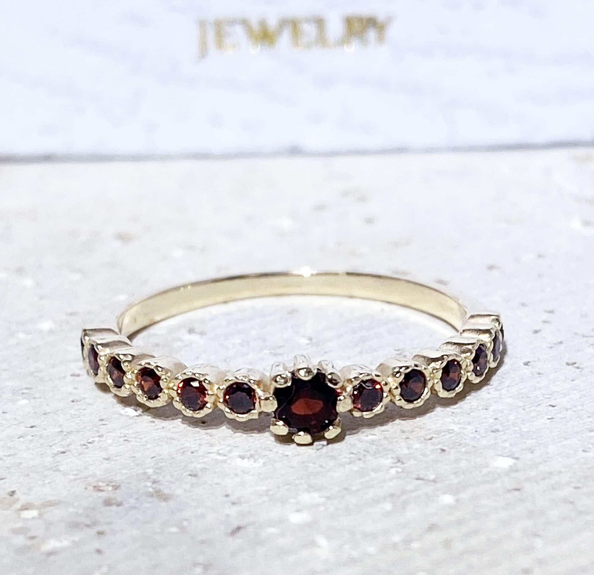 Round Red Garnet Thirteen Stone Half Eternity Stacking Ring - H.L.Jewelry