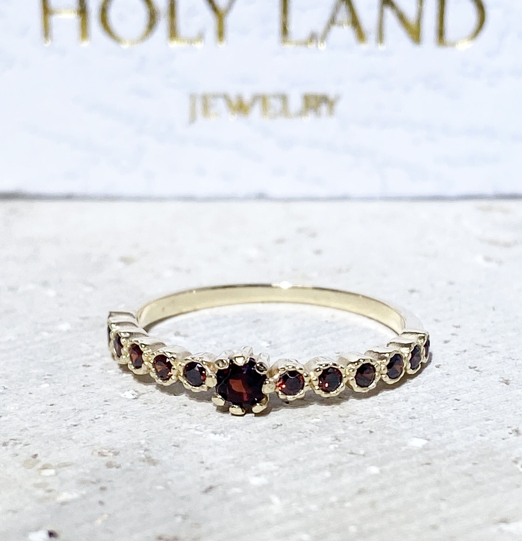 Round Red Garnet Thirteen Stone Half Eternity Stacking Ring - H.L.Jewelry