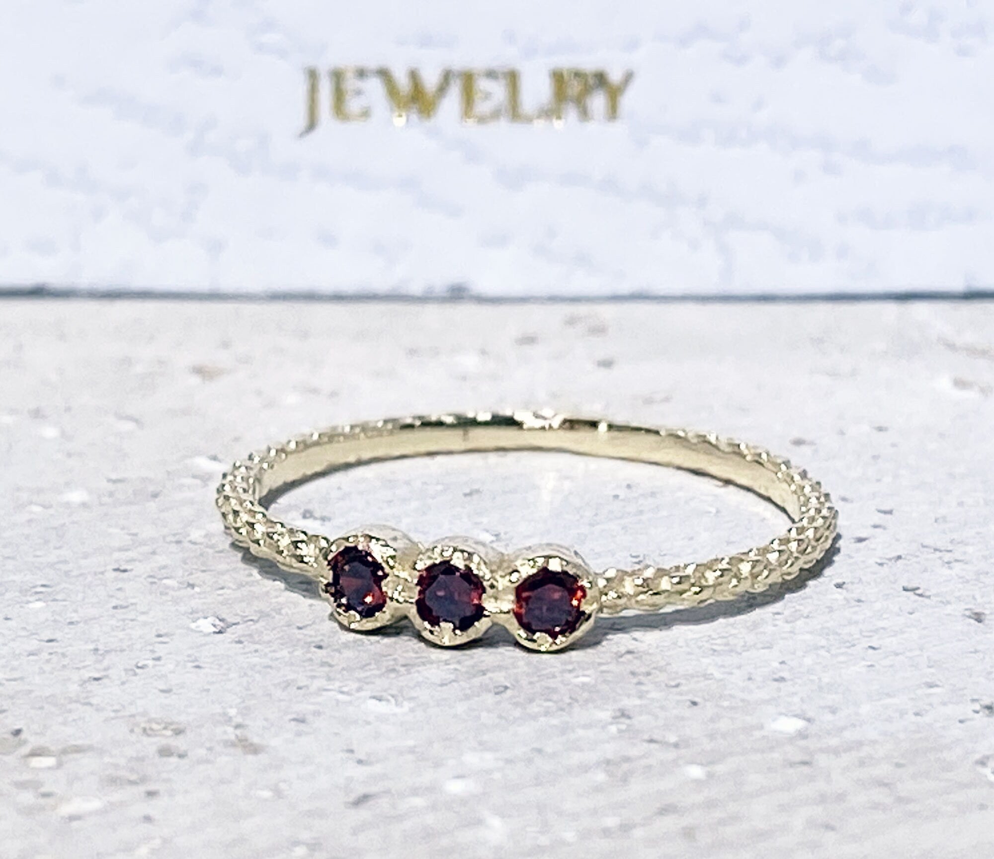 Round Red Garnet Three Stone Simple Stacking Bezel Ring - H.L.Jewelry