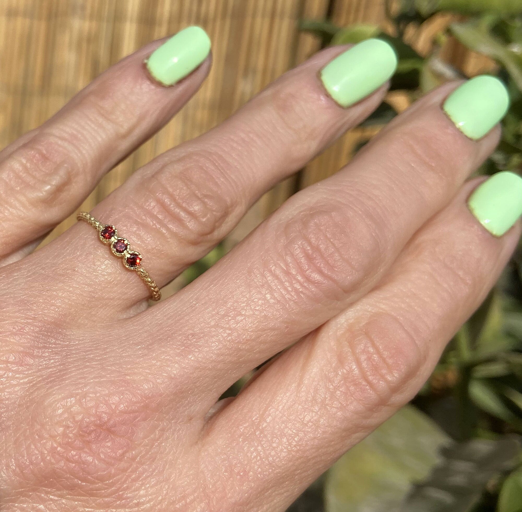 Round Red Garnet Three Stone Simple Stacking Bezel Ring - H.L.Jewelry