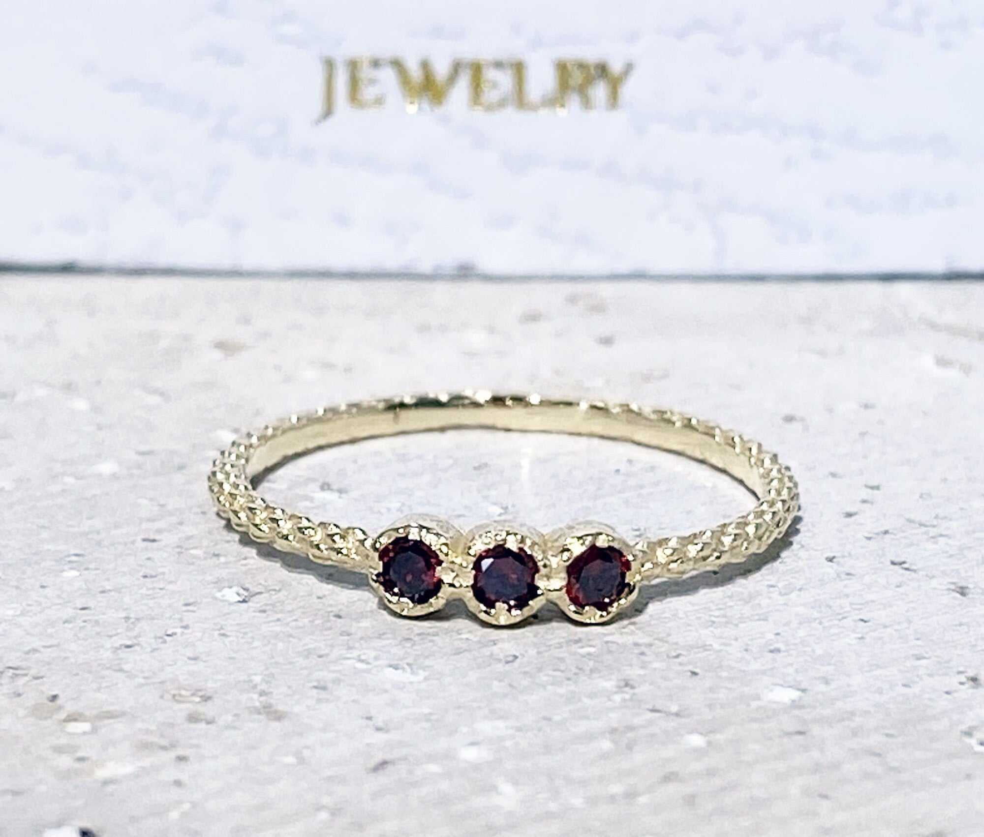Round Red Garnet Three Stone Simple Stacking Bezel Ring - H.L.Jewelry